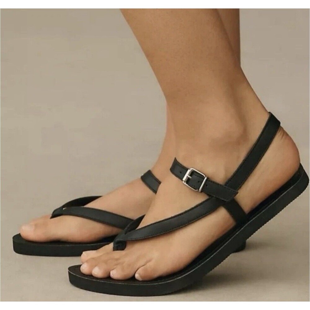 Pilcro Anthropologie Black Leather Thong Sandals SZ EU 39/US 9 Comfort Resort